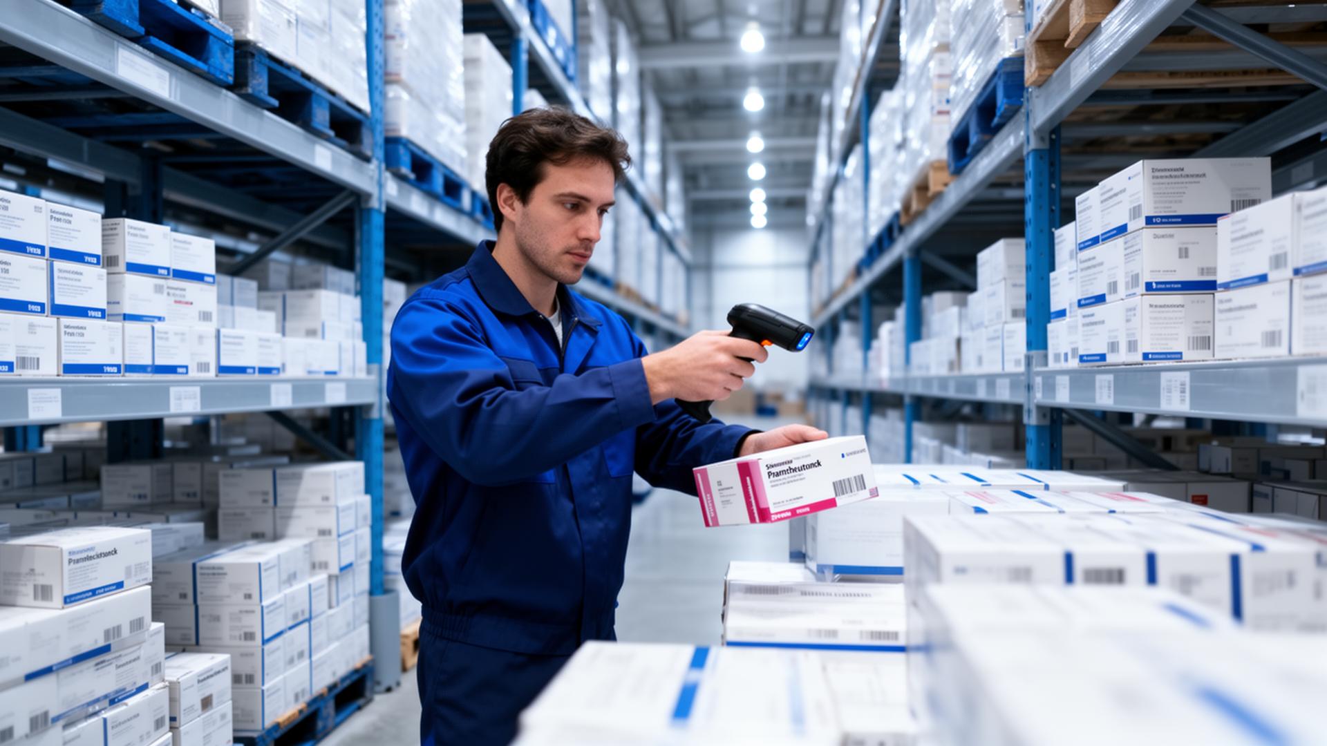 Profissional em centro de distribuição farmacêutica conferindo um pedido